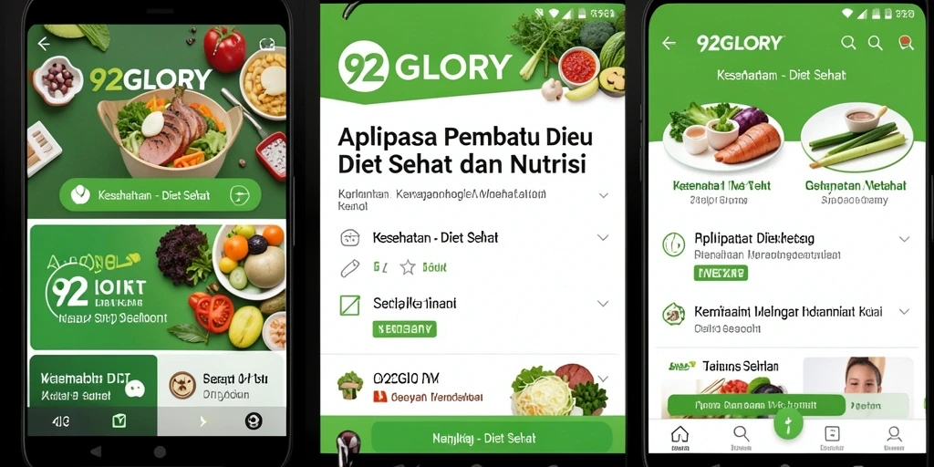 Antarmuka 92GLORY menunjukkan fitur diet sehat yang interaktif.