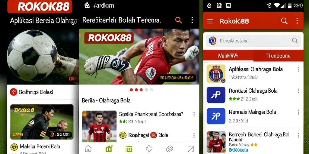 Antarmuka aplikasi ROKOK88 dengan tampilan berita olahraga bola.