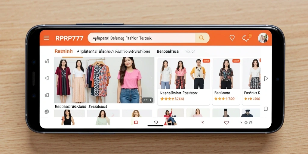 Antarmuka aplikasi RPRP777 menampilkan berbagai produk fashion terkini.